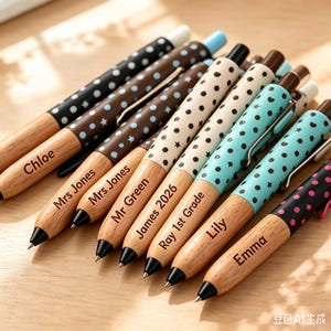 May include: A collection of retractable ballpoint pens featuring wooden lower barrels engraved with names and text including Chloe, Mrs Jones, Mr Green, James 2026, Ray 1st Grade, Lily, and Emma. The upper barrels have colorful polka dot patterns.
