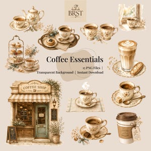 May include: A digital collection of watercolor-style coffee shop illustrations featuring a storefront, various ceramic cups, saucers, a teapot, a tiered dessert stand, and a disposable coffee cup with a sleeve, labeled Coffee Essentials.