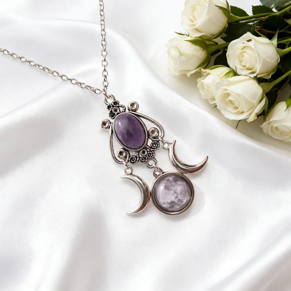 Amethyst Triple Moon Necklace Pagan Wiccan Witchy Charm Jewelry