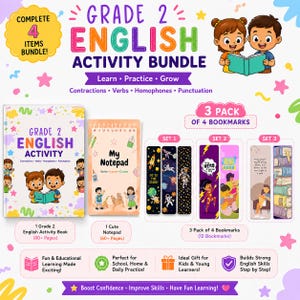 May include: A Grade 2 English Activity Bundle featuring a workbook, notepad, and three sets of bookmarks. The bundle includes educational materials for learning contractions, verbs, homophones, and punctuation. The colorful design includes illustrations of children and stars.