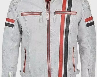 Chaqueta de cuero desgastada para hombre, estilo motero vintage, cafe racer, color blanco, con rayas rojas y negras.