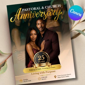 Może przedstawiać: Ulotka na rocznicę duszpasterską i kościelną z parą w strojach wizytowych. Tekst głosi 25 Years of Faithfulness, Walking in Faith, Growing in Grace, Living with Purpose, Sunday Sep 20, 2026, 11:00 AM Service, Grace Covenant Church.