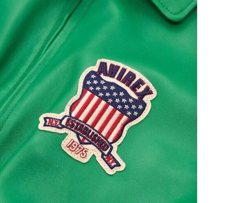 Jaqueta bomber universitária de couro verde: estilo Avirex, streetwear retrô hip-hop imagem 3