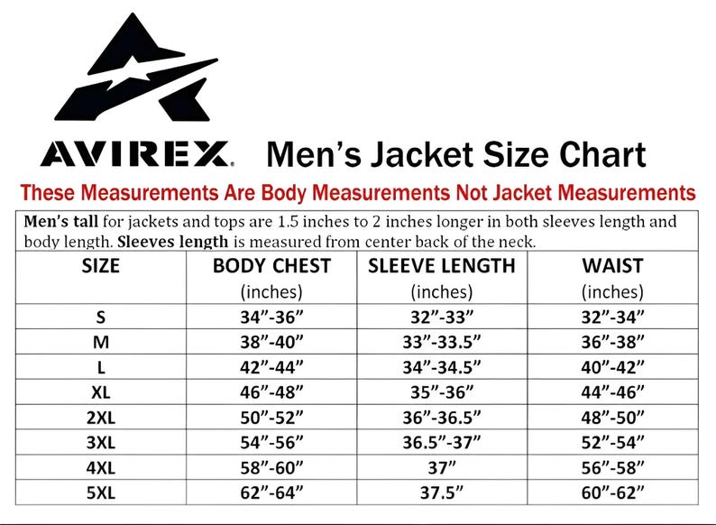 May include: An Avirex jacket size chart with a black logo at the top. The table lists sizes from S to 5XL with corresponding body chest, sleeve length, and waist measurements in inches. It specifies that these are body measurements, not jacket measurements.