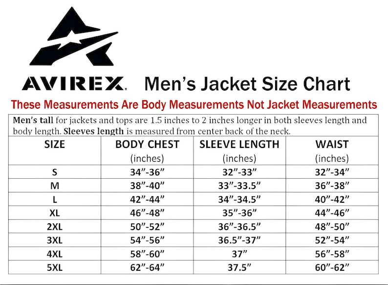 May include: An Avirex jacket size chart with a black logo at the top. The table lists sizes from S to 5XL with corresponding body chest, sleeve length, and waist measurements in inches. It specifies that these are body measurements, not jacket measurements.