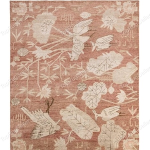 Blush Pink Bird ullmatta, botanisk matta, naturinspirerad matta, handgjord designermatta, lyxig heminredningsmatta - 9x12, toppsäljare av mattor