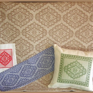 Può includere: Tre pezzi di tessuto intrecciato con motivi geometrici. Un piccolo pezzo rosso e bianco, un pezzo più grande blu e bianco e un cuscino bianco con un motivo verde e bianco.