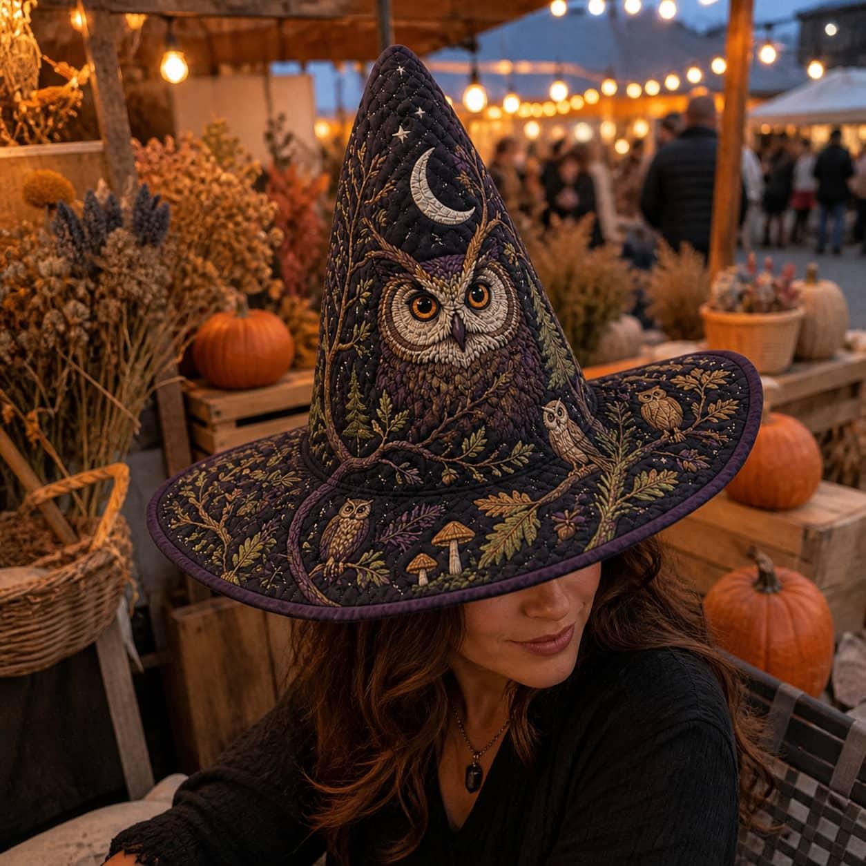 Quilted Owl Witch Hat: Botanical Moon Cottagecore Halloween Costume Wide Brim Headwear
