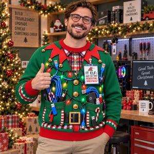 May include: A green festive jumper featuring a printed plaid shirt collar, a black belt, and two pockets filled with blue ethernet cables, USB drives, and candy canes. A badge reads IT ELF: HAVE YOU TRIED REBOOTING CHRISTMAS? The jumper has light-up bulbs.