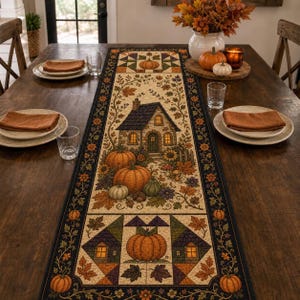 May include: A rectangular fabric table runner featuring a printed autumn scene with a central cottage, orange pumpkins, and fall foliage. The design includes geometric quilt-style borders in shades of brown, green, and black, accented with floral motifs.