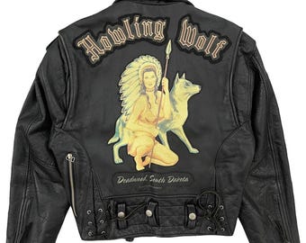Vintage Avirex läderbikerjacka storlek S 'Howling Wolf'