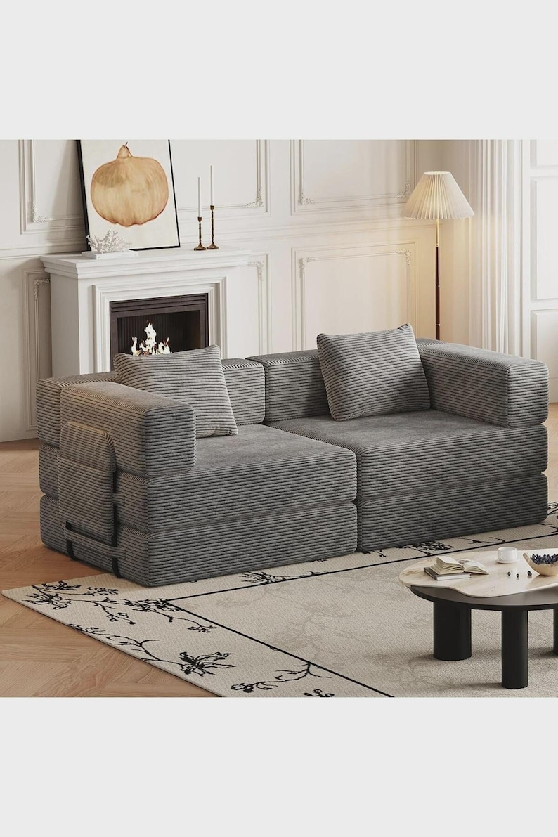 Livingroom Corduroy Loveseat Sofa | Modern Minimalist Lounge Couch Gray