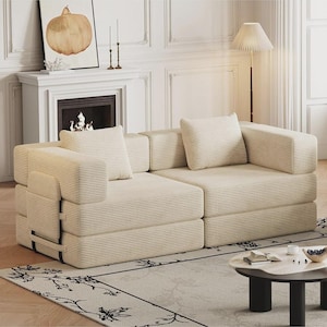 Livingroom Corduroy Loveseat Sofa | Modern Minimalist Lounge Couch Cream