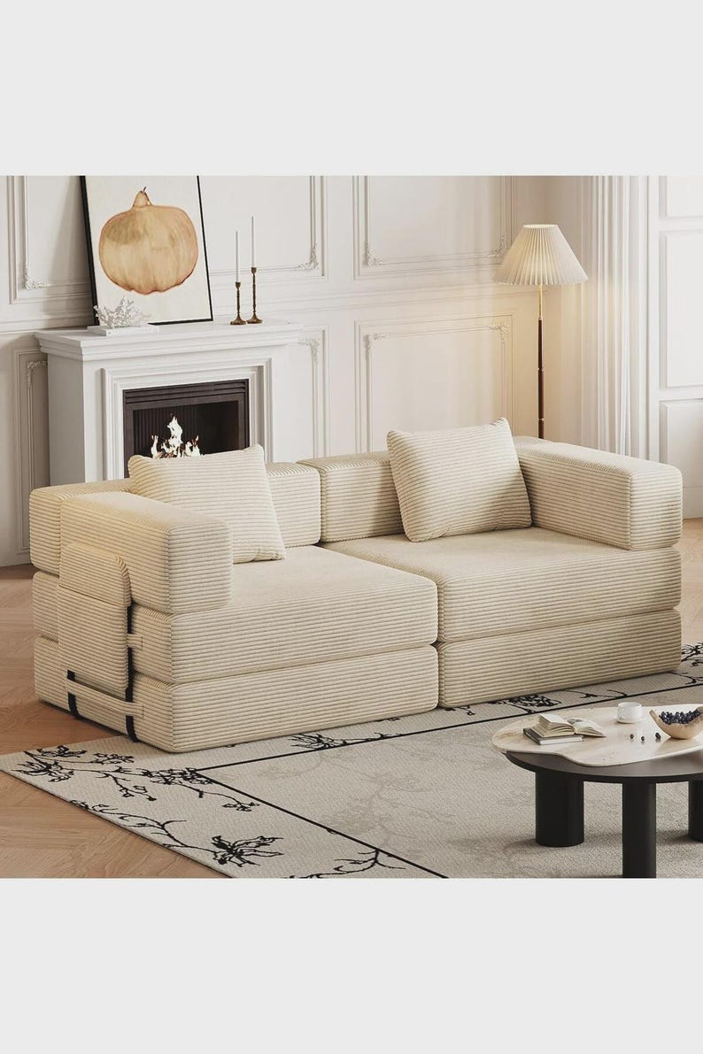 Livingroom Corduroy Loveseat Sofa | Modern Minimalist Lounge Couch Cream