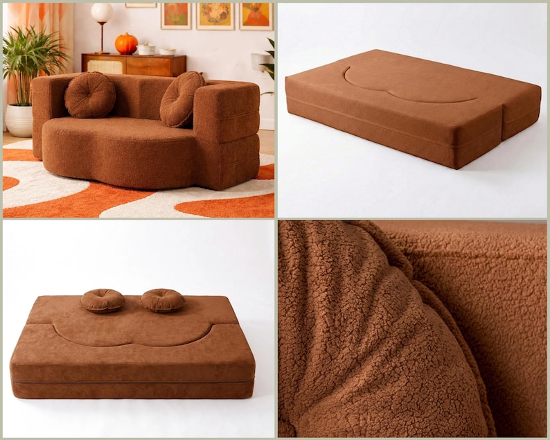May include: A brown, textured, modular sofa that converts into a flat floor mattress. The piece features a soft, fuzzy fabric finish, rounded edges, and two matching circular throw pillows. It can be configured as a structured seat or a bed.