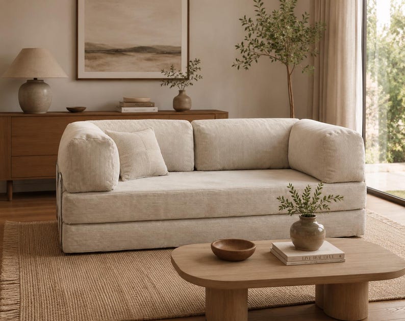 May include: A cream-colored corduroy sofa with a low-profile design, featuring thick, rounded armrests and a matching square throw pillow. The upholstery has a distinct vertical ribbed texture, and the sofa is positioned on a woven rug.