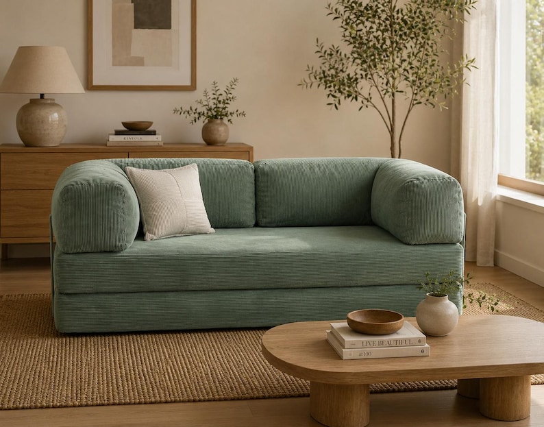 May include: A sage green corduroy sofa with rounded armrests and a single square off-white throw pillow. The sofa features a low-profile design with two back cushions and a continuous seat cushion, upholstered in a textured ribbed fabric.