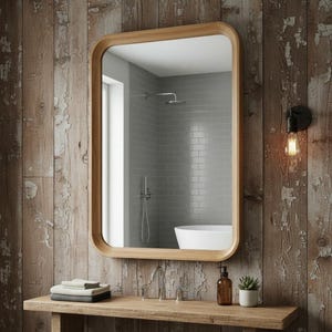 May include: A rectangular wall mirror with rounded corners and a light-toned wooden frame. The mirror reflects a bathroom interior featuring grey subway tiles, a white bathtub, and a shower head. The frame has a smooth, curved profile.