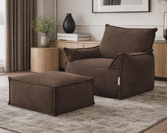 Ribbed Corduroy Bean Bag Chair Ottoman Set, Cozy Reading Lounge Pouf,