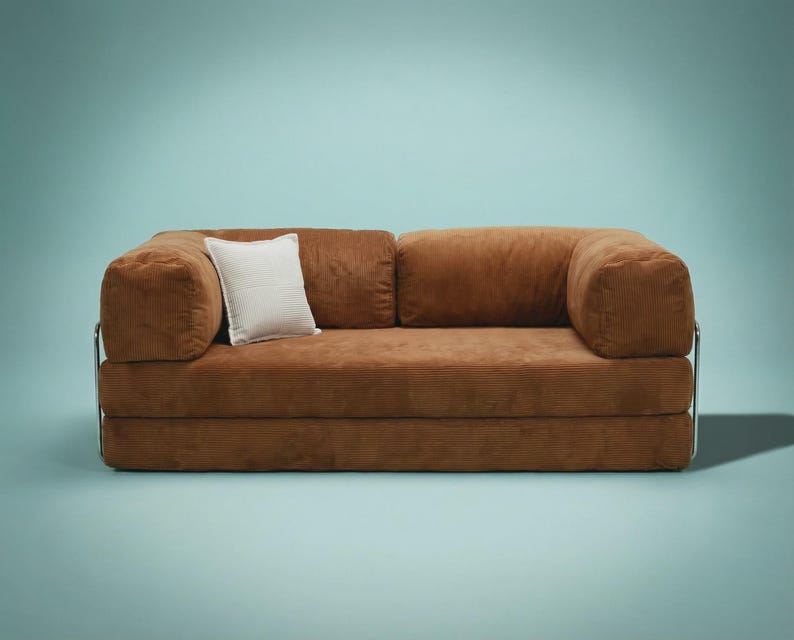 May include: A brown corduroy sofa featuring a low-profile design with thick, rounded armrests and a chrome metal frame. A single square white throw pillow with a subtle grid pattern rests against the left side of the back cushion.