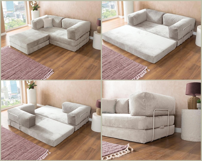 May include: A light gray modular sofa bed with a soft fabric finish and a metal frame. The piece features a convertible design that transitions from a standard sofa with an ottoman to a flat sleeping surface, showcasing its versatile configuration.