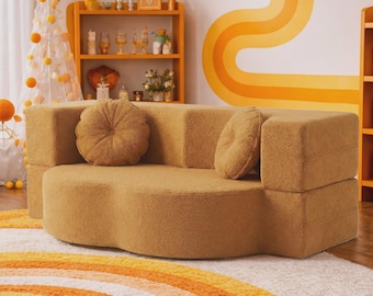 Convertible Floor Sofa Bed, Foldable Lounge Chair, Teddy Fabric Modular Couch