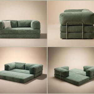 May include: A sage green corduroy convertible sofa bed featuring a low-profile design with rounded armrests and a single white square throw pillow. The piece includes a metal frame structure and can be adjusted from a sofa into a flat bed.