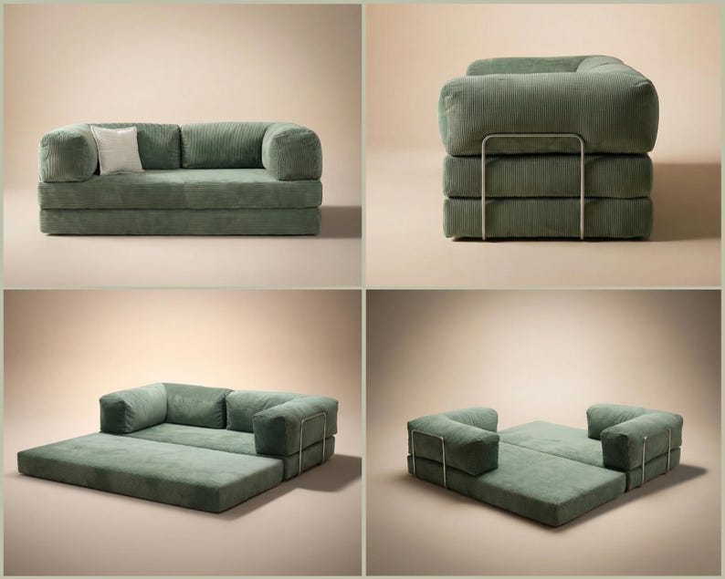 May include: A sage green corduroy convertible sofa bed featuring a low-profile design with rounded armrests and a single white square throw pillow. The piece includes a metal frame structure and can be adjusted from a sofa into a flat bed.