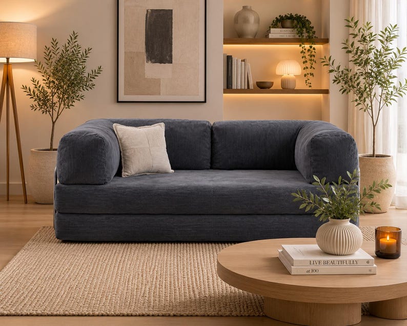 May include: A dark blue corduroy sofa with rounded armrests and a low-profile design. The sofa features a single square off-white throw pillow with a subtle grid pattern. The upholstery has a distinct vertical ribbed texture throughout the frame.