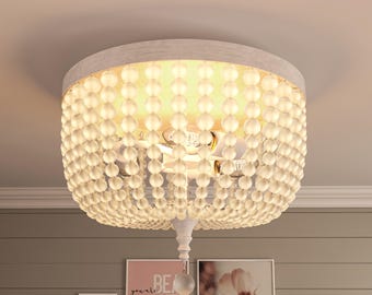 Dimmable Frosted Glass Bead FLush Mounted Chandelier – Boho Coastal Mount Light Fixture 16.5"