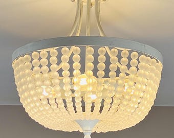 Coastal Boho White Beaded Glass Chandelier – 14 Inch Flush Mount Light Dimmable