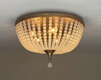 Dimmable 5 Light Frosted Glass Beaded Flush Mount Chandelier – Antique Gold Finish, 19.75" Diameter