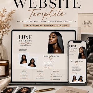 Könnte beinhalten: Eine digitale Website-Vorlage für Acuity, die auf einem Laptop- und Smartphone-Bildschirm angezeigt wird. Das Design zeichnet sich durch eine neutrale beige Farbpalette, professionelle Typografie und Platzhalter für Fotos aus.