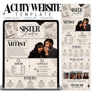 May include: A digital website template for beauty professionals featuring a beige and black color scheme. The layout includes sections for a studio introduction, artist profile, business hours, contact information, policies, and client results.