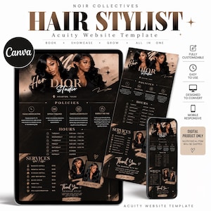 May include: A Noir Collectives hair stylist Acuity website template featuring a black and gold color scheme. The design includes sections for policies, hours, and services for Her Dior Studio, with imagery of a person with long dark hair.