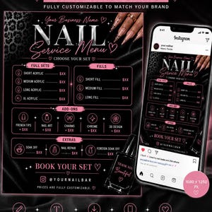 May include: An editable Canva template for a nail service menu featuring a black and pink colour scheme. The design includes sections for full sets, fills, add-ons, and extras, with text reading NAIL SERVICE MENU, BOOK YOUR SET, and YOURNAILBAR.