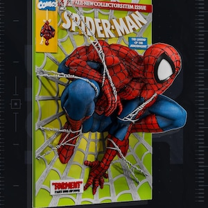 May include: A 3D Spider-Man wall poster featuring a red and blue costumed figure crouching on a white web against a lime green background. The comic cover text reads Marvel Comics, Spider-Man, The Legend of the Arachknight, and Torment.