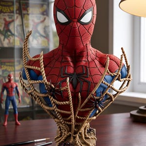 Puede incluir: Un busto detallado de Spider-Man con un traje texturizado en rojo y azul y un emblema de araña negra en el pecho. La figura está rodeada de telarañas esculpidas como cuerdas y pequeñas arañas negras, sobre una base con el texto Spider-Man.