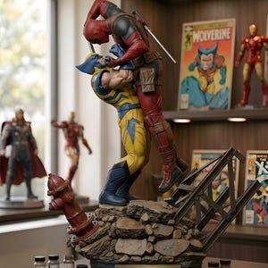 Puede incluir: Una estatua coleccionable detallada que representa a Deadpool y Wolverine en una pose de combate dinámica. Las figuras se alzan sobre una base rocosa con una boca de incendios roja y escombros metálicos. Una placa dorada dice DEADPOOL AND WOLVERINE - COLLISION.