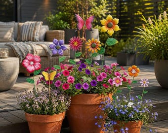 Set of 10 Metal Flower Garden Stakes, Colorful Outdoor Yard Art, Spring Decor