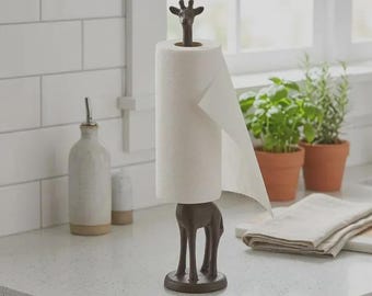Giraffe Paper Towel Holder, Weathered Copper Cast Iron, Farmhouse Kitchen Decor, Animal Sculpture
