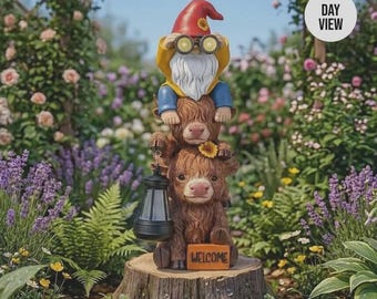 Highland Cow Gnome Lantern Statue | Solar Garden Companion, Rustic Farmhouse Decor