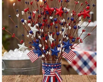 4 Pack Patriotic Berry Stems, Red White Blue Floral Picks, USA Americana Decor