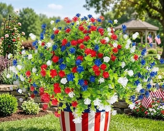 12 Pcs Patriotic Artificial Flowers, UV Resistant Red White Blue Outdoor Plants