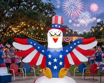 4ft Lighted Inflatable American Eagle Yard Decoration, Patriotic 4th of July Outdoor Display