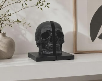 Black Split Skull Resin Bookends, Gothic Home Decor, Dark Academia Accent