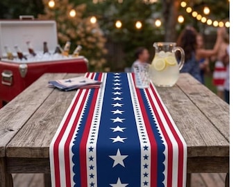 Patriotic USA Stars Table Runner, Red White Blue Holiday Decor