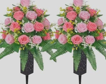 2 Bouquets Artificial Cemetery Flowers with Vase - Pink Rose Grave Decor