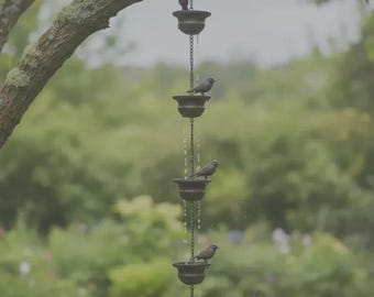 Handmade Iron Bird Rain Chain, Rustic Garden Gutter Water Feature