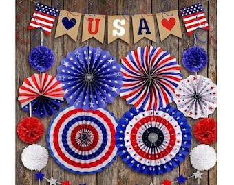 Patriotic Party Decorations Set, LOVE USA Banner, Paper Fans, Swirls, 4th of July Decor